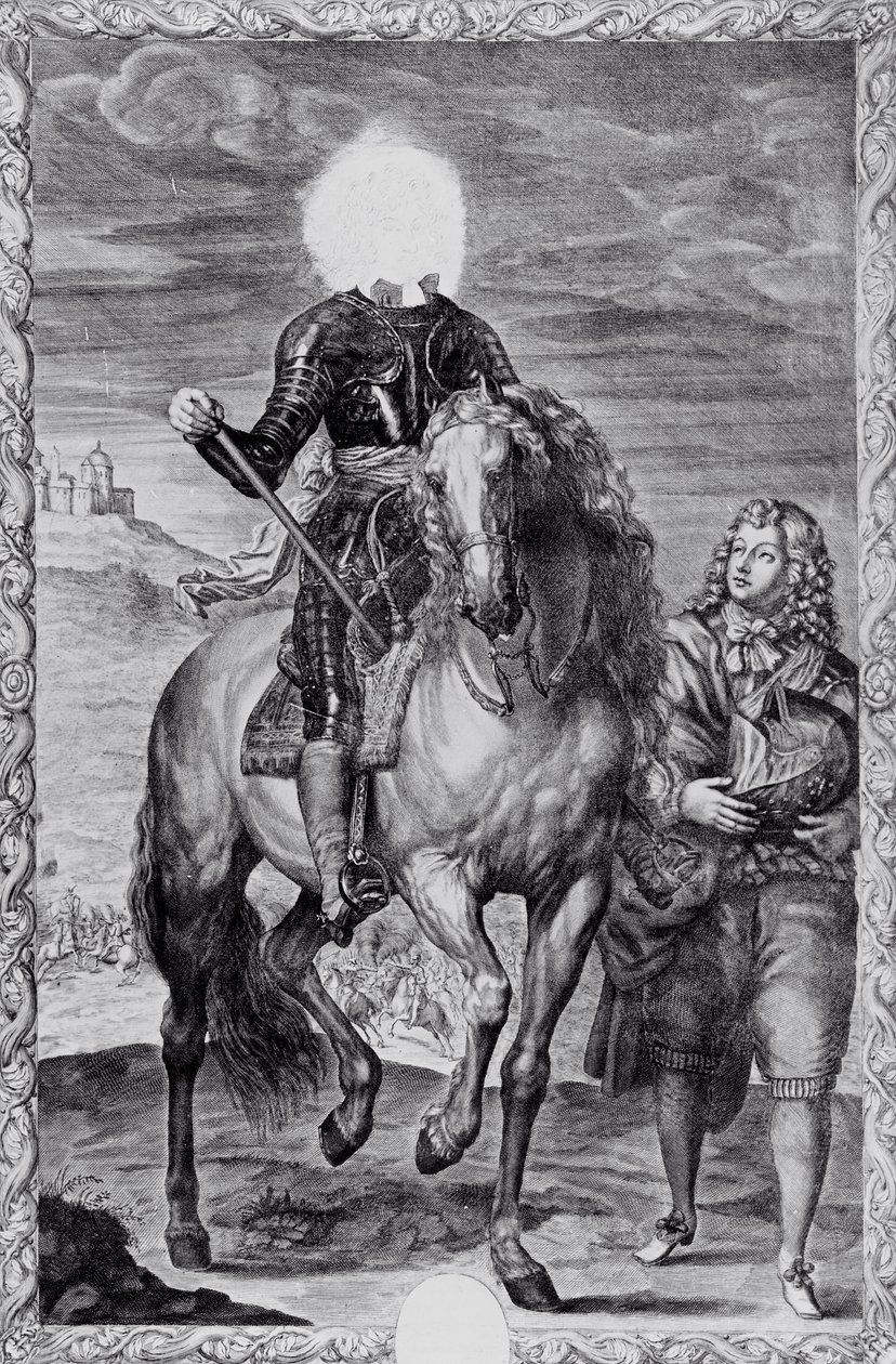 Befläckat ryttarporträtt av Karl I, graverat av Pierre Lombart (gravyr) (svartvitt foto) av Anthony van (after) Dyck