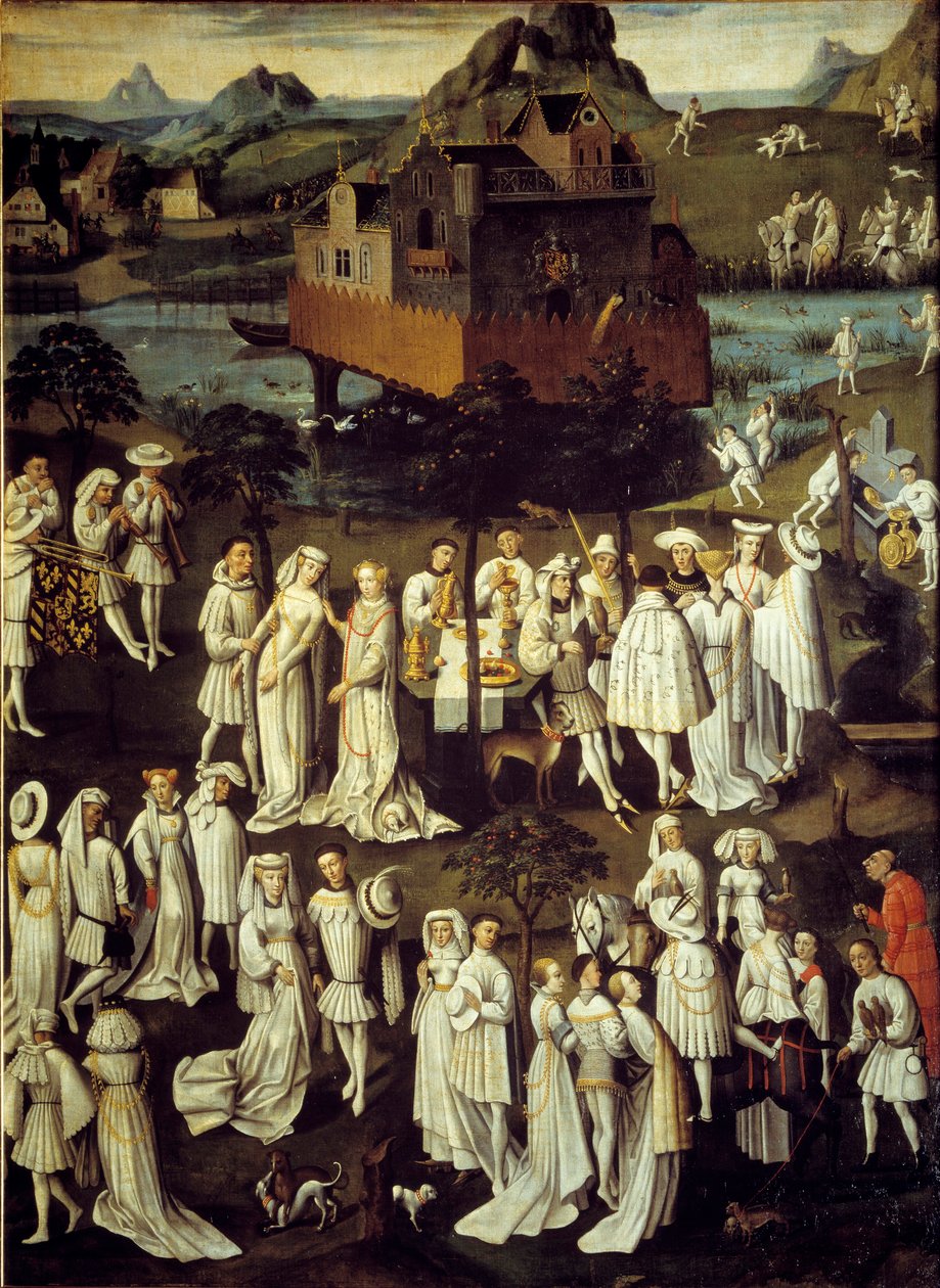 Kärlekens trädgård vid Filip III den godes hov, hertig av Bourgogne, i trädgårdarna på slottet Hesdin 1432. Fester givna i samband med bröllopet av hans kammarherre Andre de Toulongeon - Målning av Anton Van Dyck (1599-1641) ) av Anthony van (after) Dyck