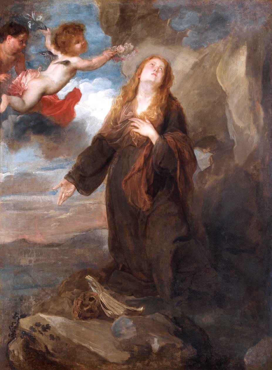 Saint Rosalie krönt med rosor av två änglar av Anthony van (after) Dyck