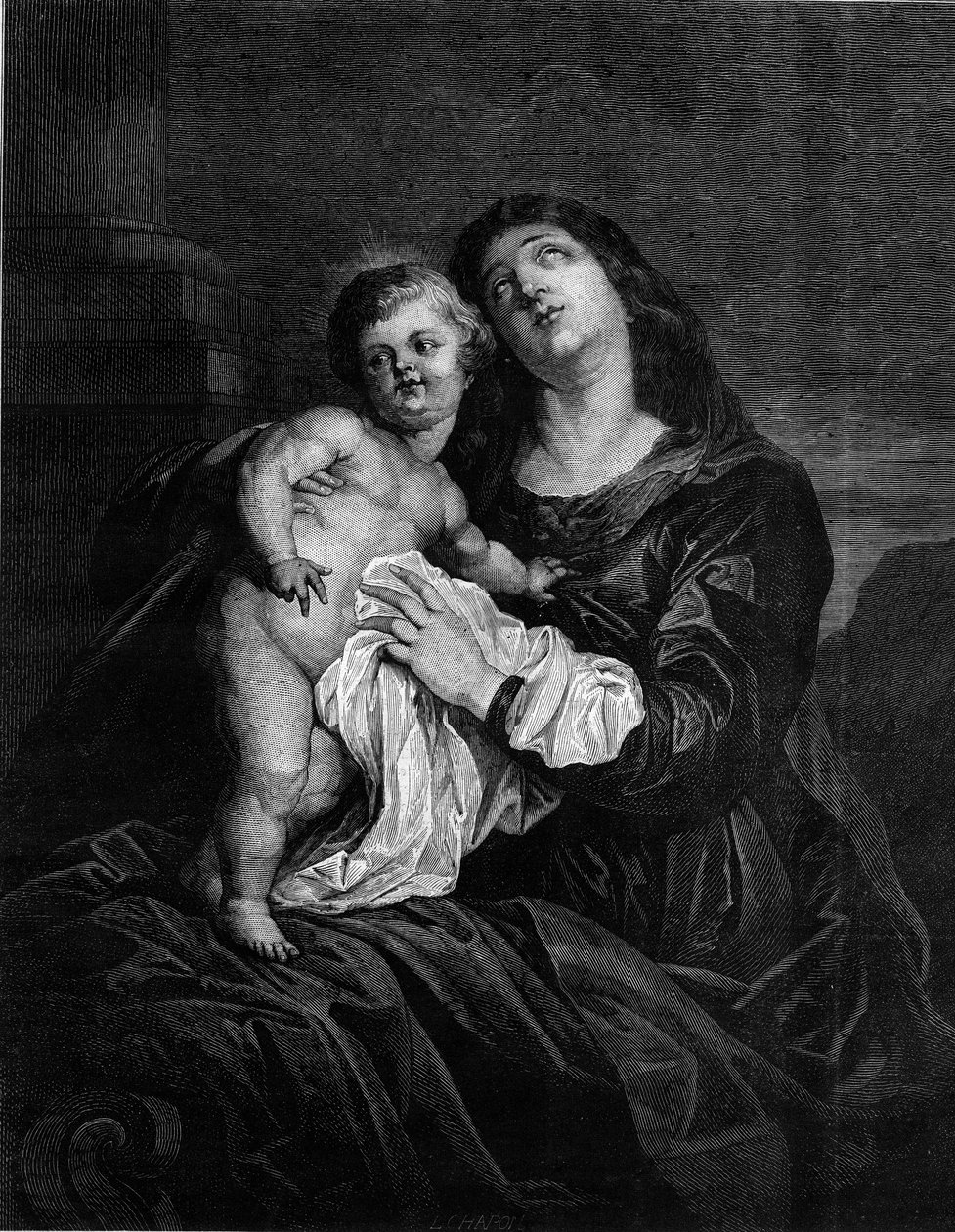 Jungfrun och Jesusbarnet. Gravyr efter en målning av Anton (Antoon eller Anthony) van Dyck (1599-1641). Gravyr i "" Le Monde Illustré"" nr 1239 av 25 december 1880. av Anthony van (after) Dyck