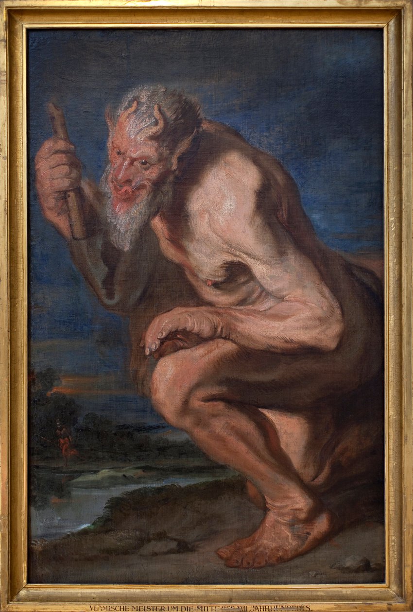Marsyas knäböjer med aulos. Målning tillskriven Antoine (Antoine eller Antoon eller Anton) Van Dyck (1599-1641), olja på duk av Anthony van (attr. to) Dyck