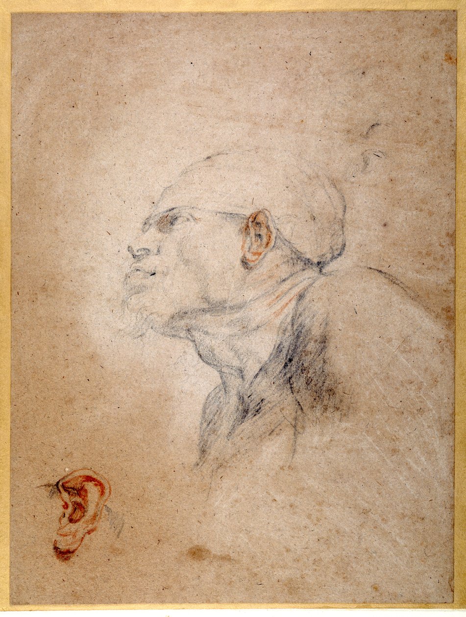 En mans huvud bandagerat, hans vänstra öra repeterat separat (svarta och röda krita på papper) av Anthony van Dyck