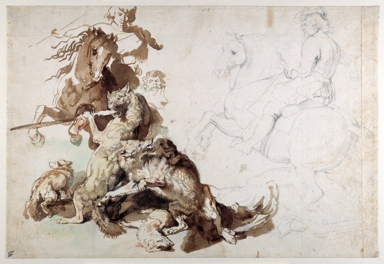 A Wolf and Fox Hunt (The European Hunt) (kritor med tvätt på papper) av Anthony van Dyck