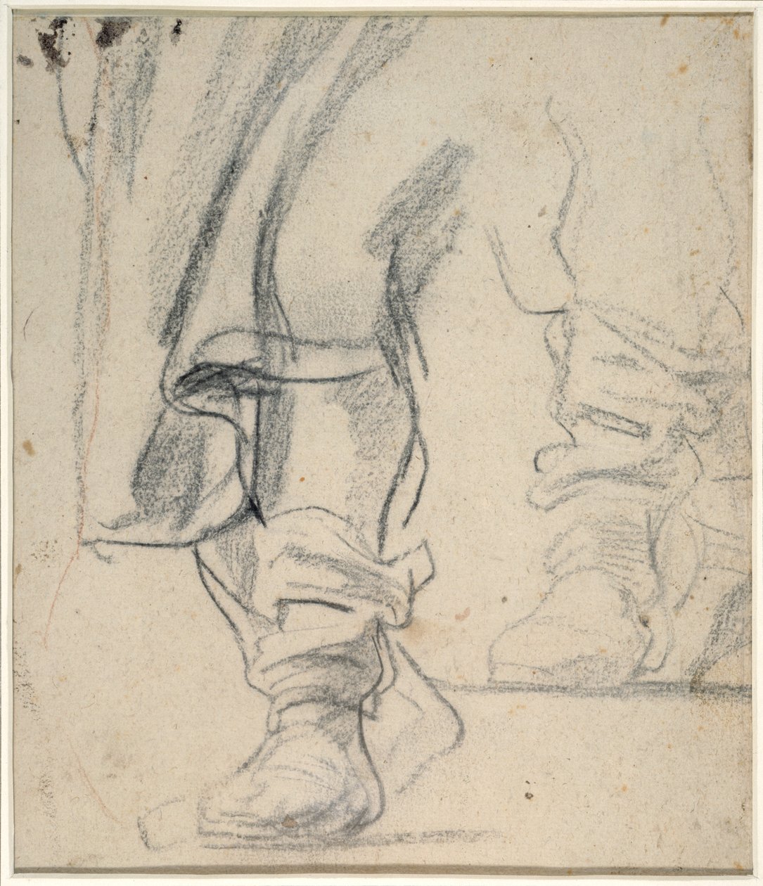En mans stövlade ben och mantel som faller ned (svart och röd krita på papper) av Anthony van Dyck