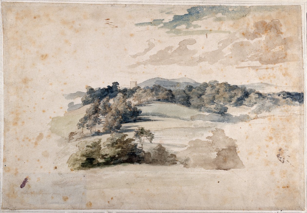 Ett engelskt landskap av ängar och skogsklädda kullar (penna och akvarell på papper) av Anthony van Dyck