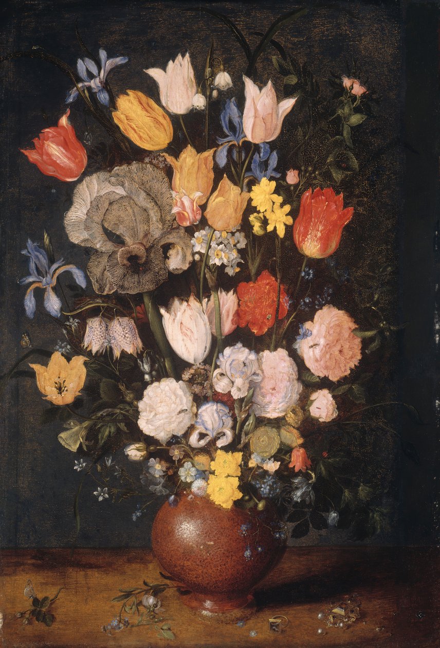 Bukett av blommor i en lergodsvas, ca. 1610. av Anthony van Dyck