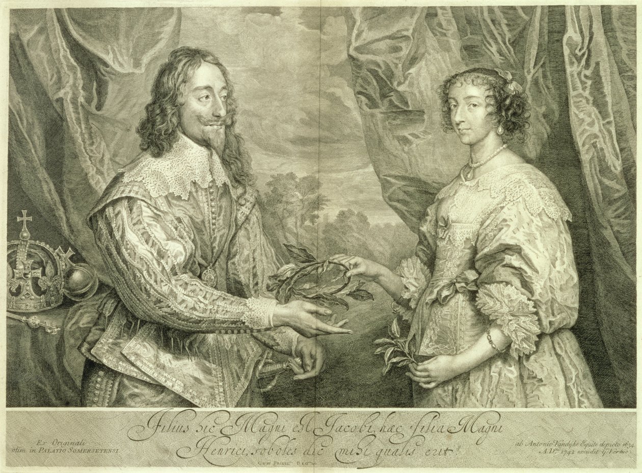 Charles I (1600-49) och Henrietta Maria (1609-69) graverade av George Vertue (1684-1756) efter en målning från 1634, 1742 av Anthony van Dyck
