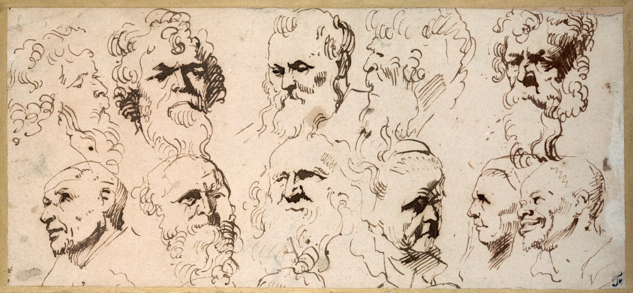 Elva huvudstudier (penna & brunt bläck på papper) av Anthony van Dyck