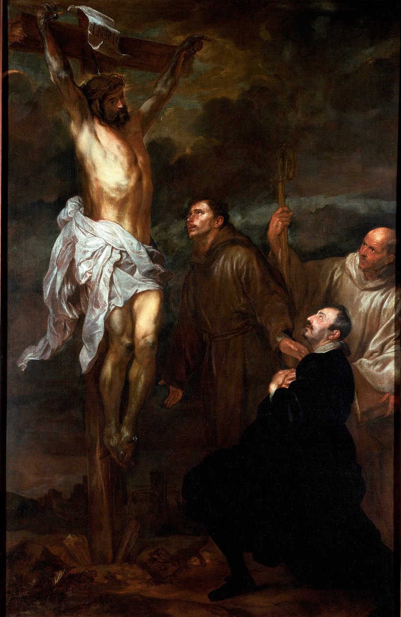 Francesco Orero dyrkar krucifixet i närvaro av Saint Francois och Saint Bernard Målning av Antony Van Dyck (1599-1641) 1624 eller 1627 Dim. 325x210 cm Rapallo, San Michele di Pagana, chiesa di San Michele av Anthony van Dyck