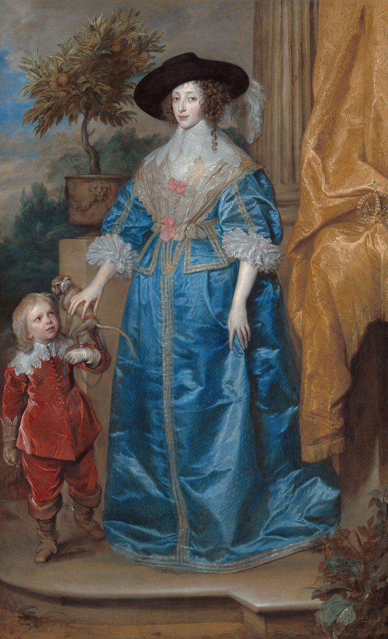 Tyska: Porträtt av drottning Henrietta Maria, med dvärgen Sir Jeffrey Hudson Drottning Henrietta Maria med Sir Jeffrey Hudson av Anthony van Dyck