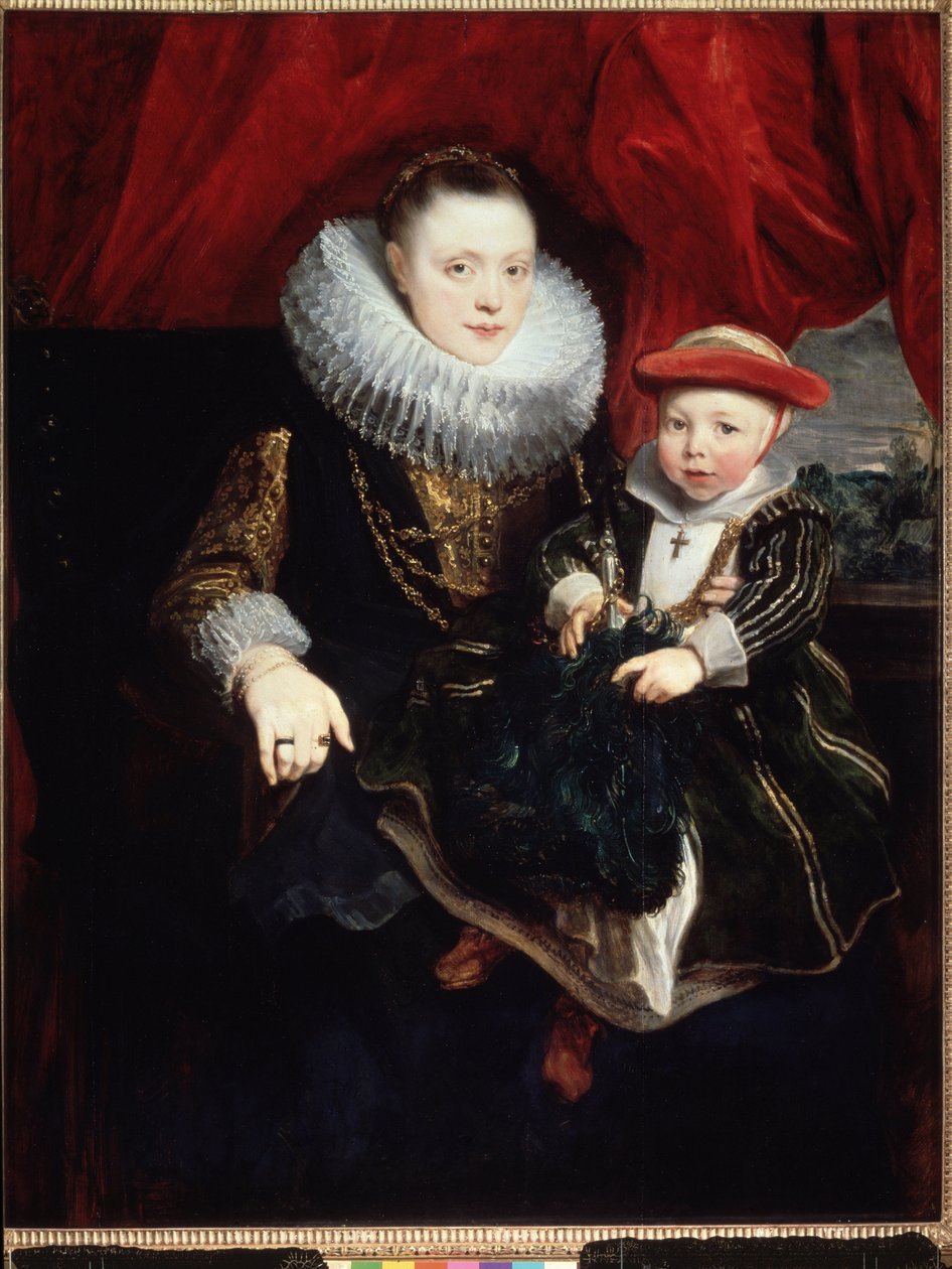 "Porträtt av en ung kvinna med ett barn" (hon bär en jordgubbe) Målning av Sir Anthonis (Anton eller Antoon) van Dyck (1599-1641) 1618 Mått 131x102 cm Eremitagets museum, Sankt Petersburg (Saint-Petersburg) av Anthony van Dyck