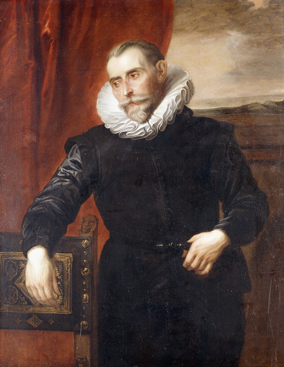Porträtt av Frans Snyders, halvlångt, i svart kostym, lutad på en stol, ett landskap bortom, av Anthony van Dyck