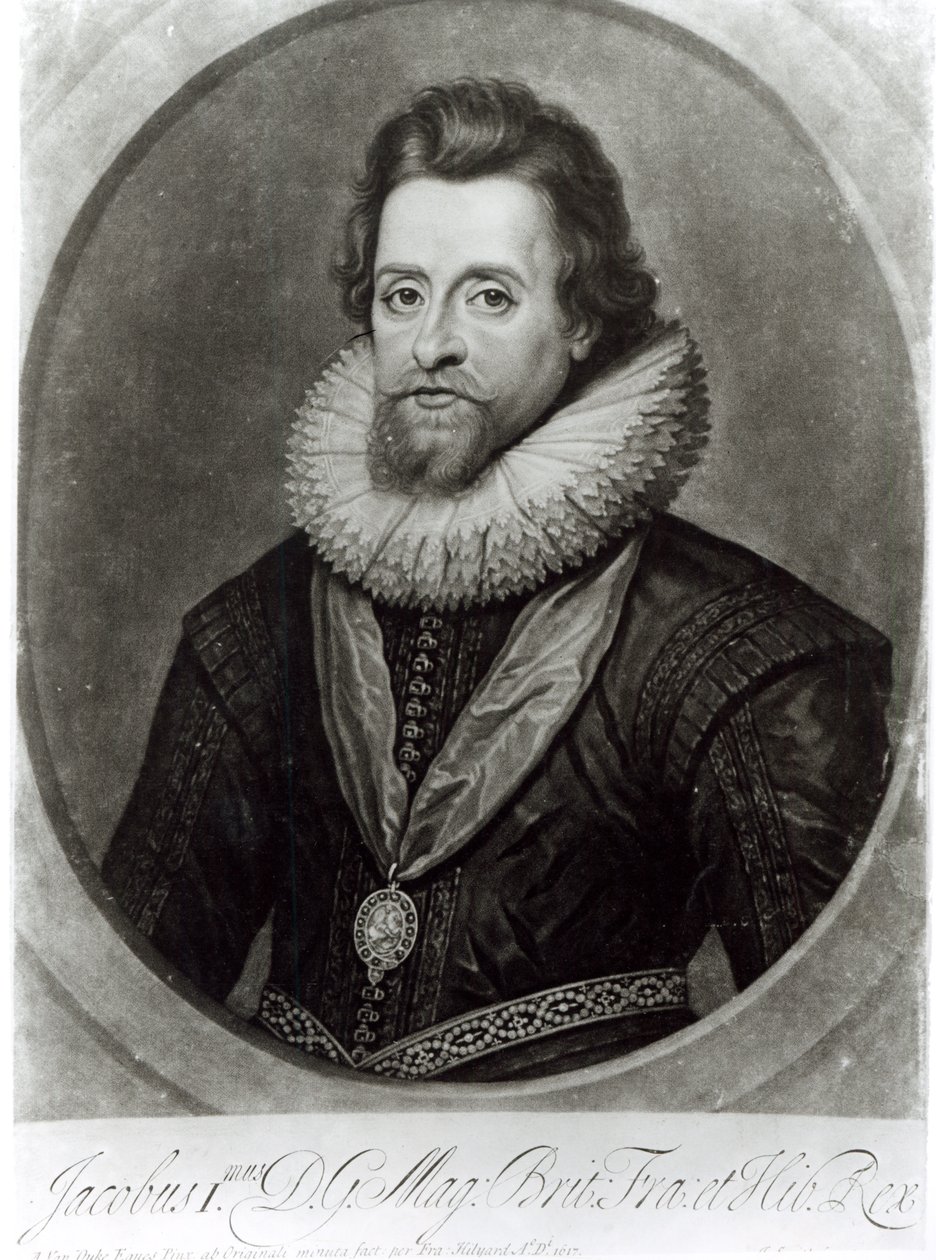 Porträtt av James I (1566-1625) efter en miniatyr av Nicholas Hilliard (1547-1619) från 1617, graverad av George Vertue (1684-1756) av Anthony van Dyck