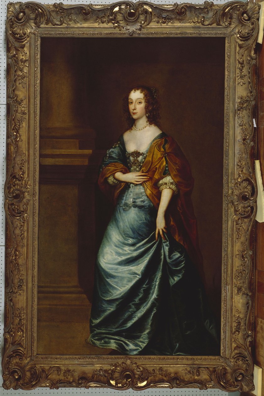 Porträtt av Mary Villiers, hertiginnan av Lennox och Richmond, i en blå klänning och brun omlott av en kolumn av Anthony van Dyck