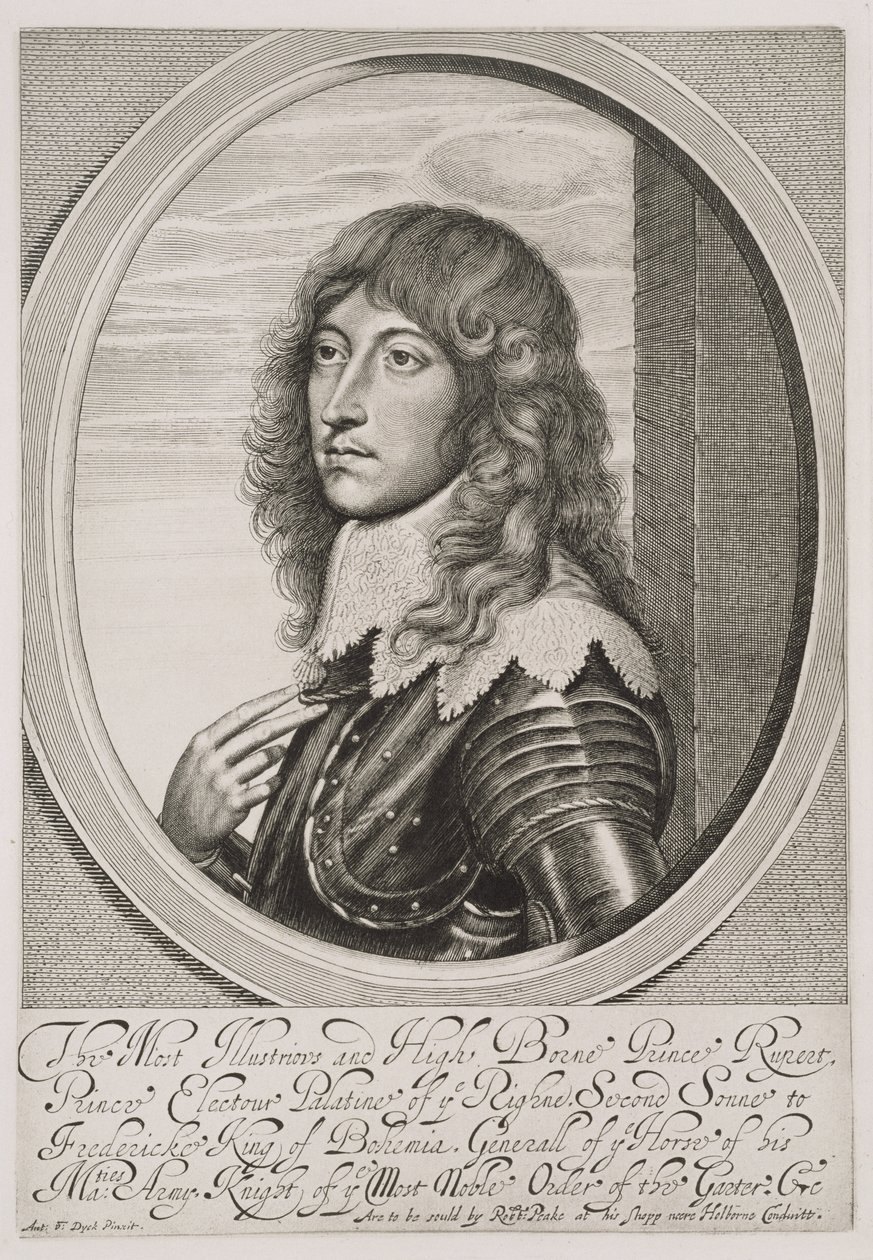 Porträtt av prins Rupert (1619-82) greve Palatine av Rhen och hertig av Bayern, graverad av William Faithorne (1616-91) av Anthony van Dyck