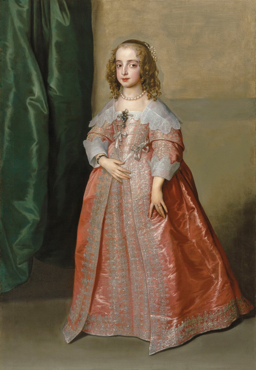 Porträtt av prinsessan Mary (1631-1660), dotter till kung Karl I av England, i helfigur, i rosa klänning dekorerad med silverbroderier och band av Anthony van Dyck