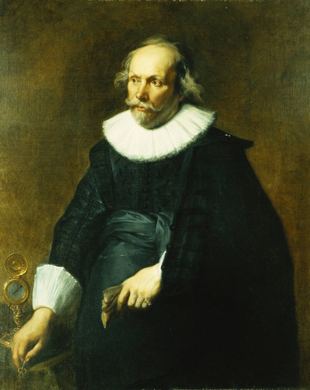 Porträtt av en gentleman, tre fjärdedels längd, iklädd en svart kostym med vit krage och manschetter, vid ett bord med en klocka, av Anthony van Dyck