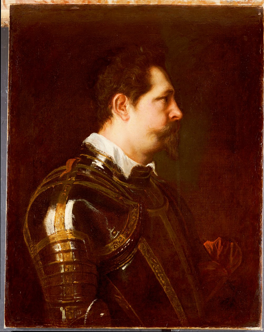 Porträtt av en general, bystlängd, i damascenerad rustning med vit krage och rött skärp av Anthony van Dyck
