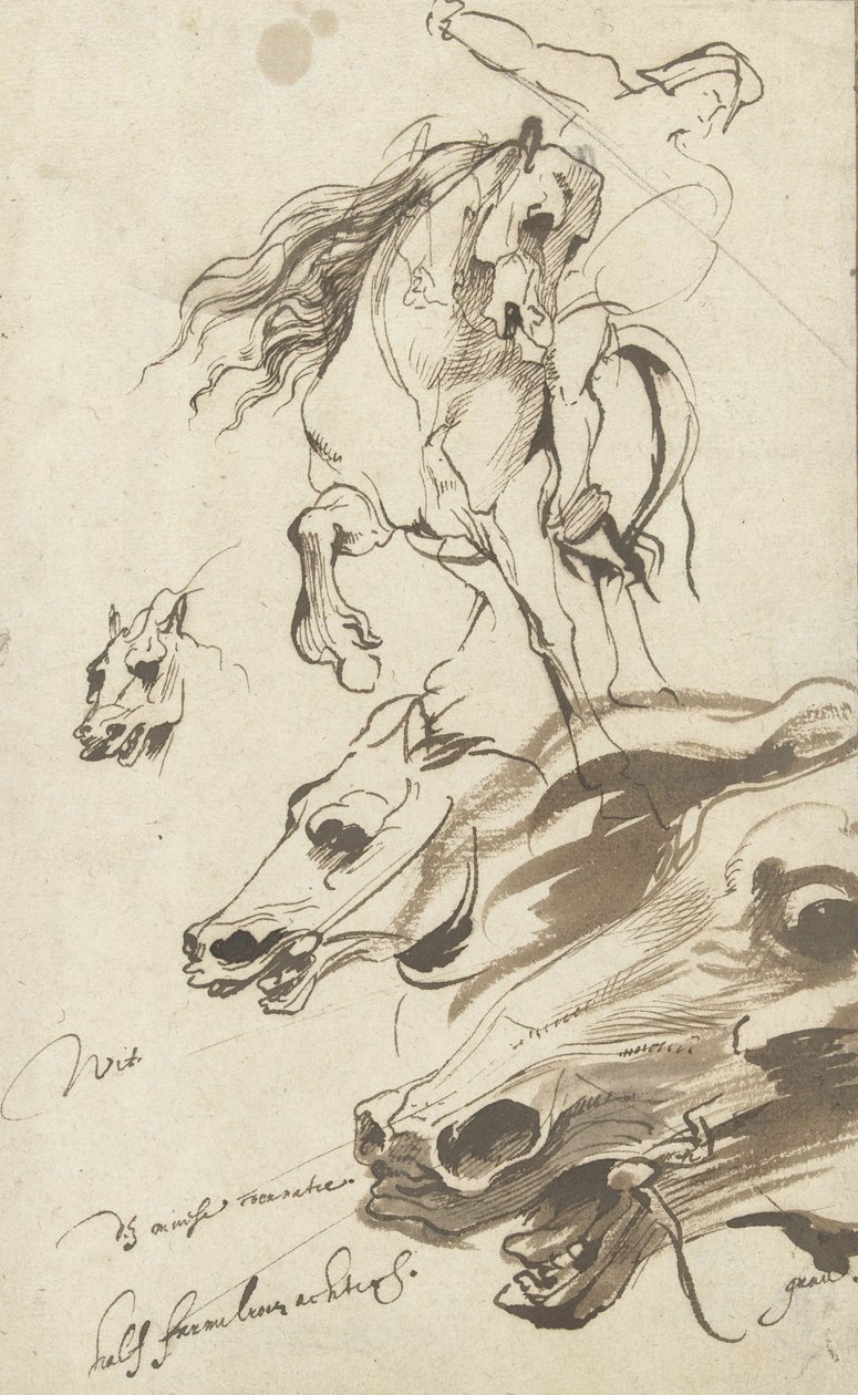 Studie av ryttare och huvud på en häst, 1620-1 (penna och wc på papper) av Anthony van Dyck