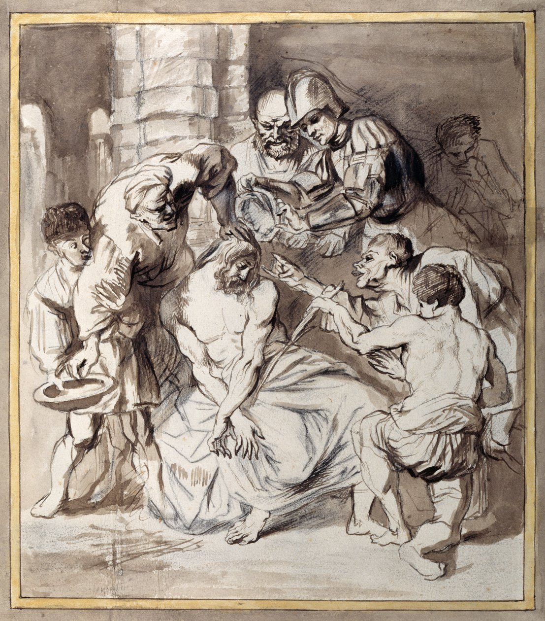 The Mocking of Christ (penna och bläck med tvätt över krita på papper) av Anthony van Dyck