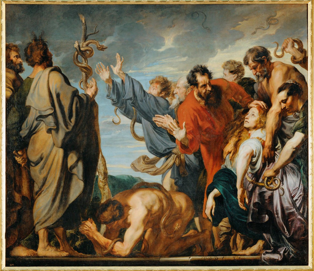 Ormen av mässing: Moses håller i ormen av mässing (målning på duk) av Anthony van Dyck