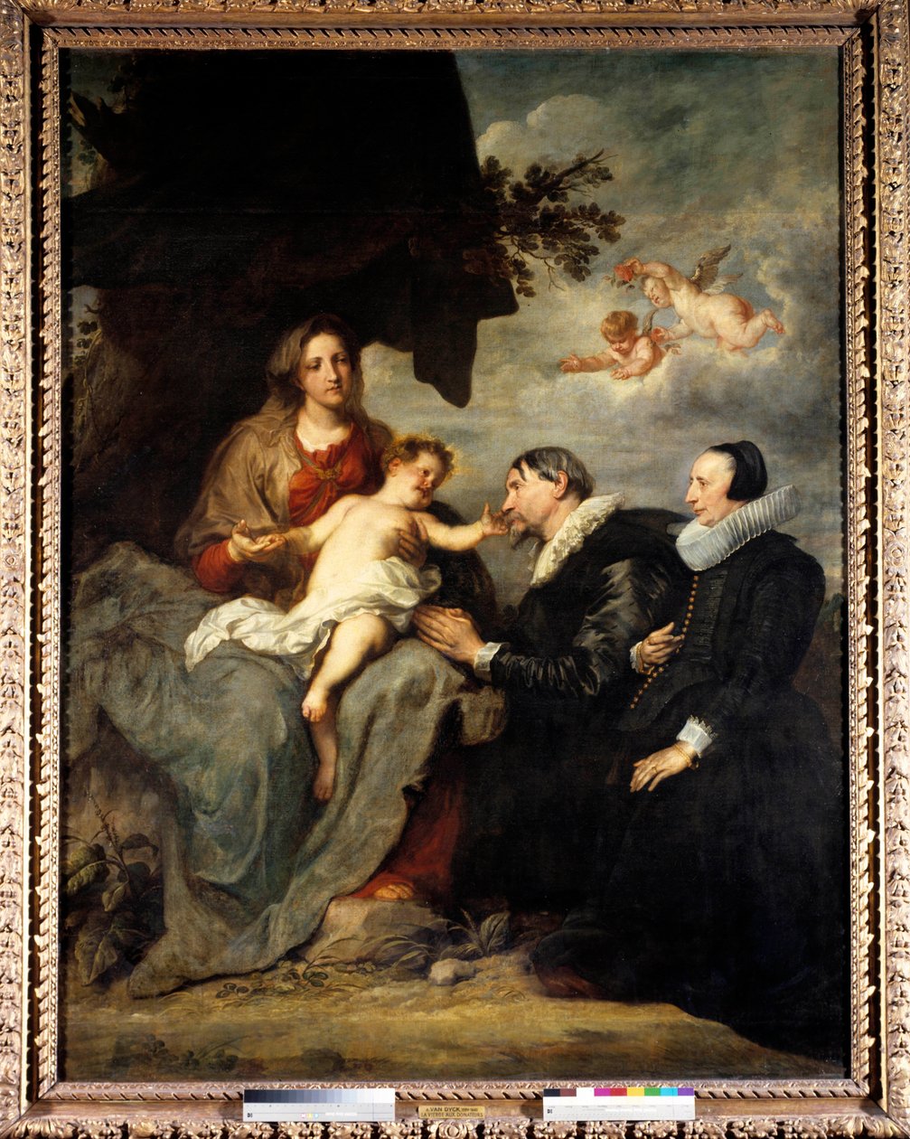 Jungfrun har barnet till donatorerna Donatorparet beslöjade på 1500-talssätt med jordgubbar. Målning av Anton Van Dyck (1599-1641) 1600-talets sön. 2,5x1,91 m av Anthony van Dyck