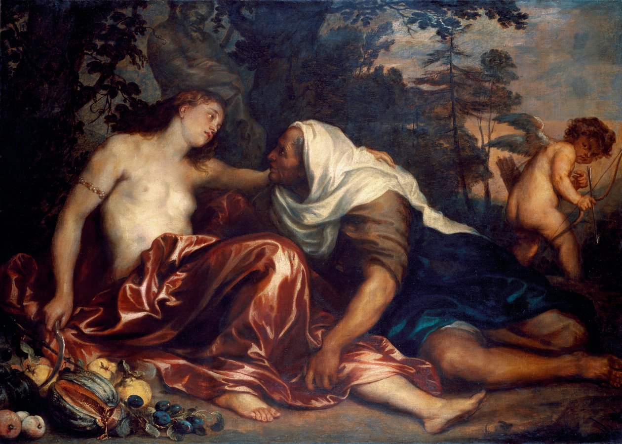 Vertumne och Pomone (Jupiter och Ceres): Vertumne, förälskad i nymfen Pomone, klär ut sig som en gammal kvinna för att närma sig henne. Målning av Antonie Van Dyck (1599-1641) 1623-1625 Sön. 141x197 cm Genes, Galleria di Palazzo Bianco av Anthony van Dyck