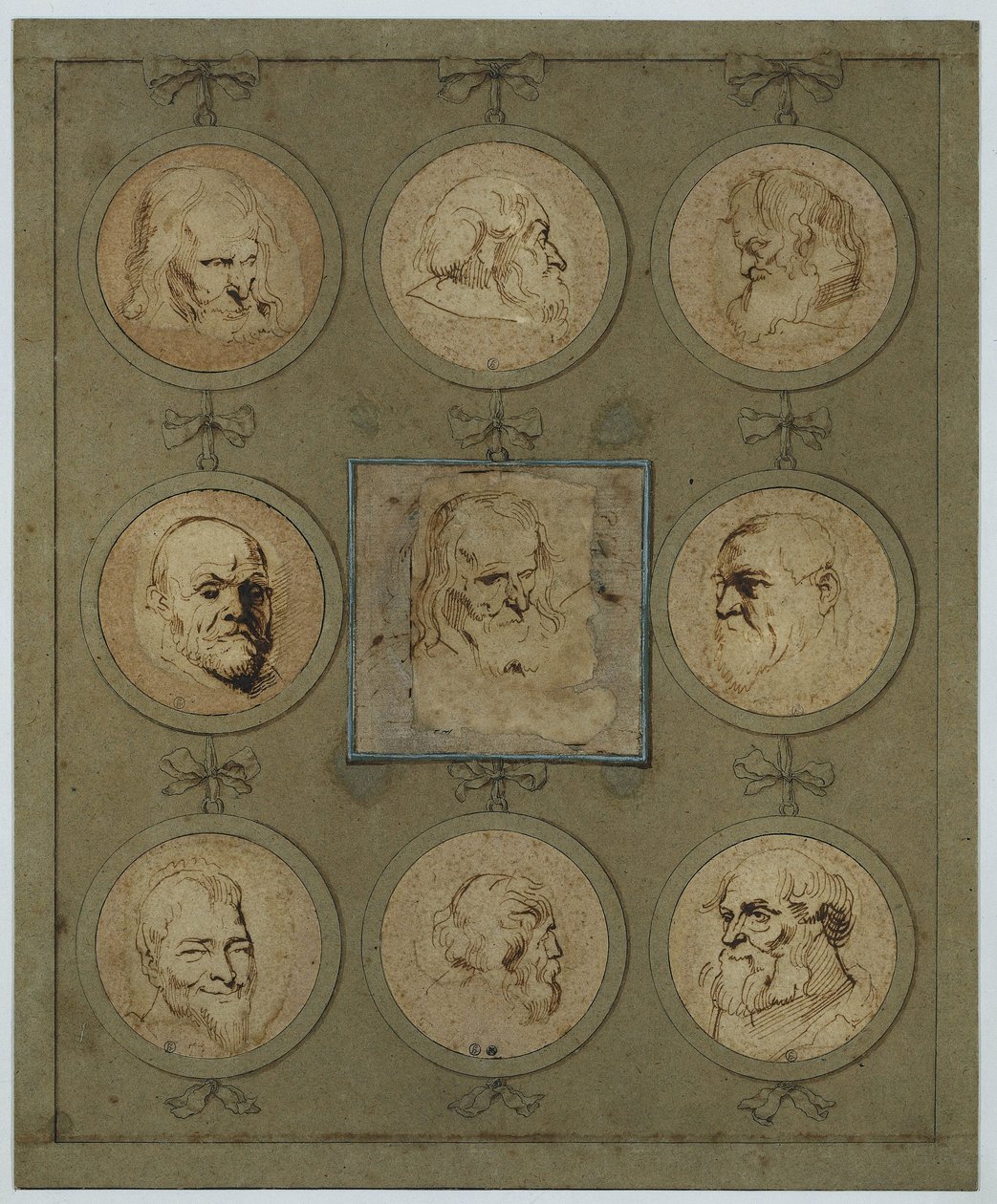Samlingsblad med nio huvudstudier i medaljonger av Anthony van Dyck