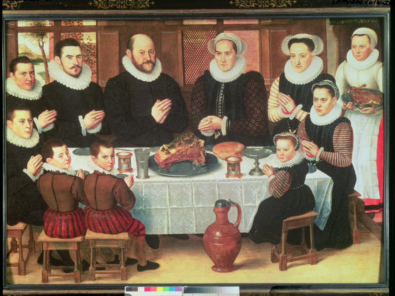 En familj som ber bordsbön före måltiden, 1585 av Anthuenis Claeissins or Claeissens