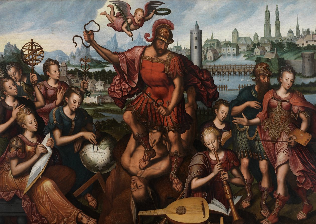 Mars, omgiven av konst och vetenskap, erövrar okunnighet av Anthuenis (1536 1613) Claeissins or Claeissens