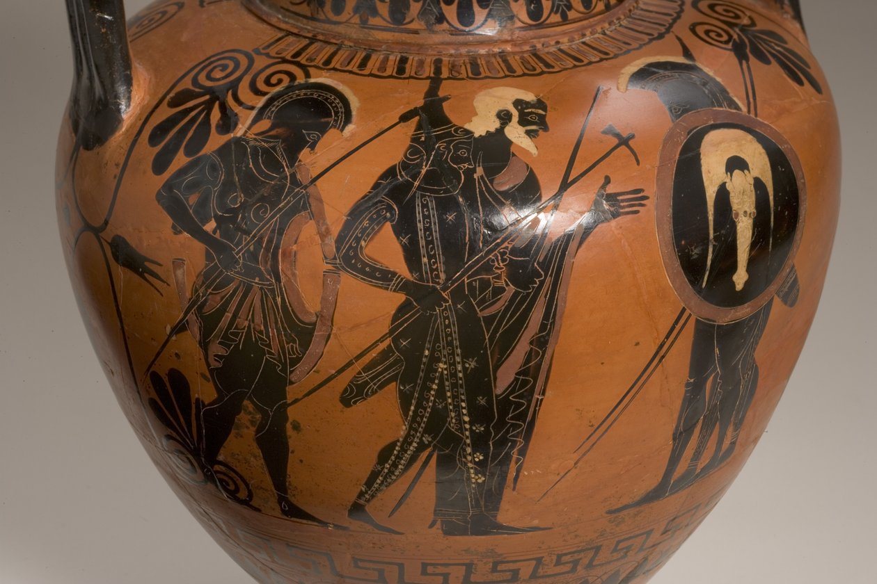 Attisk svartfigurig amfora med scener från det trojanska kriget, keramikdetalj av 249017 av Antimenes Painter