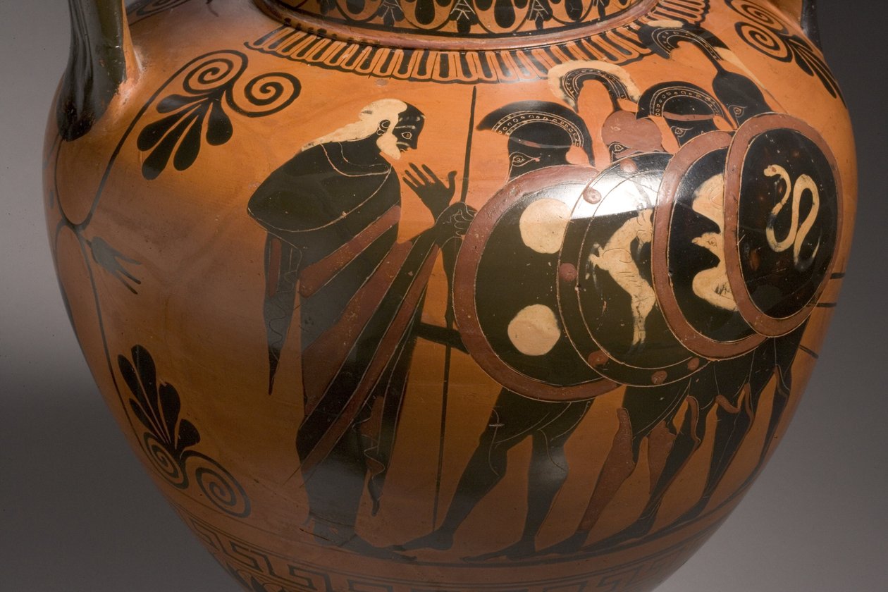 Attisk svartfigurig amfora med scener från det trojanska kriget, keramikdetalj av 249017 av Antimenes Painter