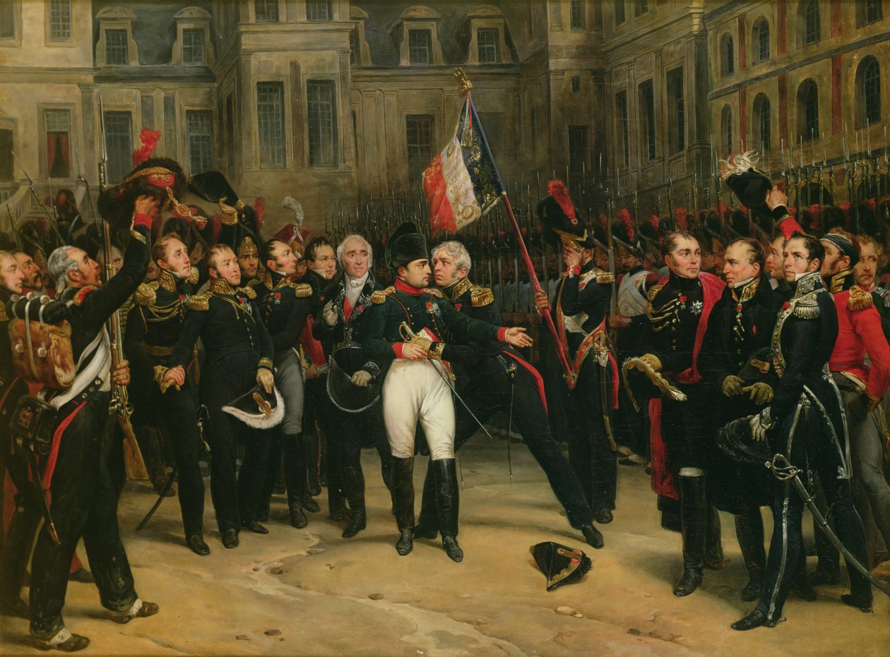 Napoleon I (1769-1821) tar farväl av det kejserliga gardet på Cheval-Blanc-gården vid Chateau de Fontainebleau, 20 april 1814, 1825 av Antoine Alphonse Montfort