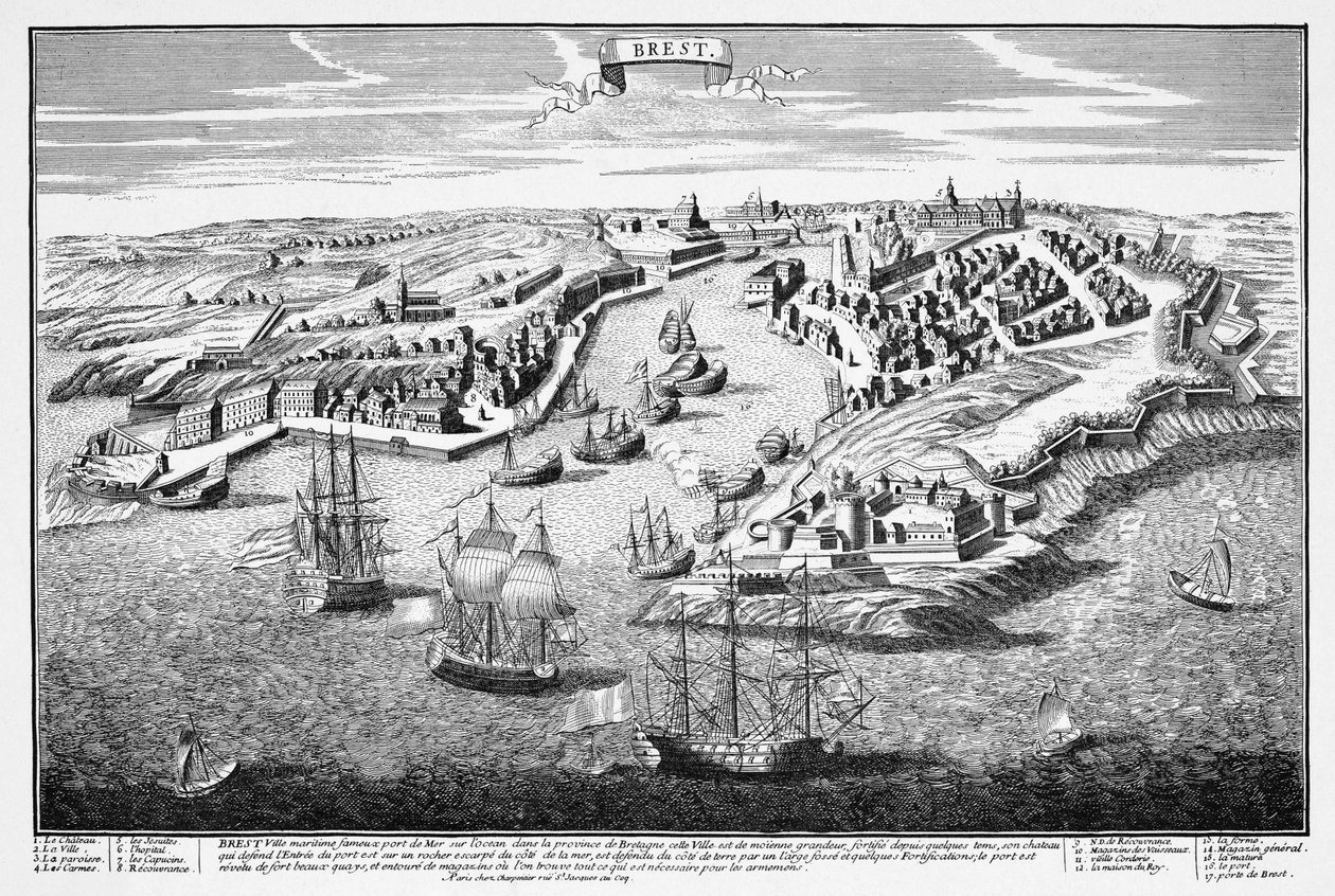 Perspective view of the city of Brest from the harbor in the seventeenth century av Francois Antoine Aveline