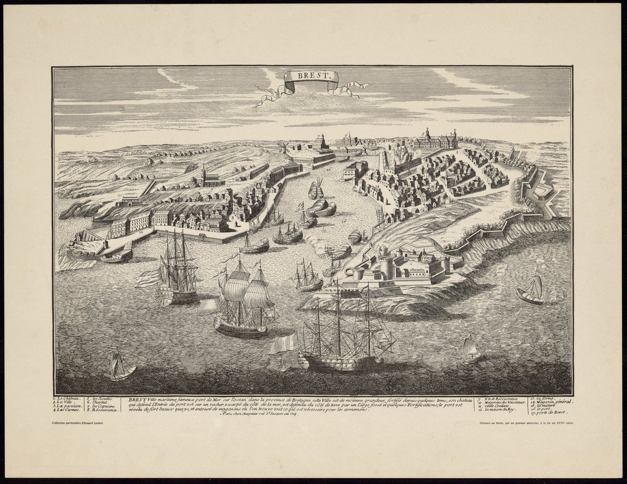 Perspektivvy över staden Brest från hamnen på 1600-talet av Francois Antoine Aveline
