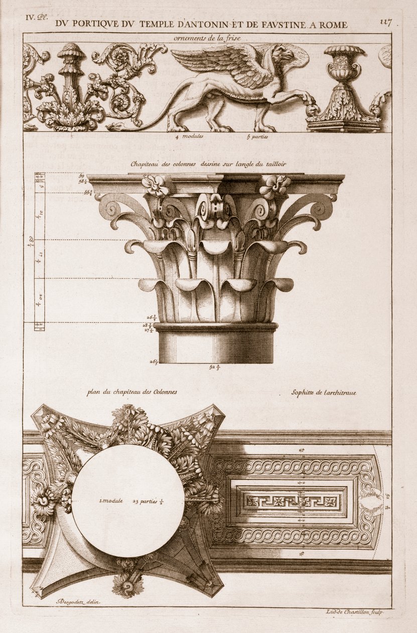Antoninus och Faustinas tempel, detaljer från portiken, från "Les Edifices Antiques de Rome", publicerad 1682. av Antoine Babuty Desgodets