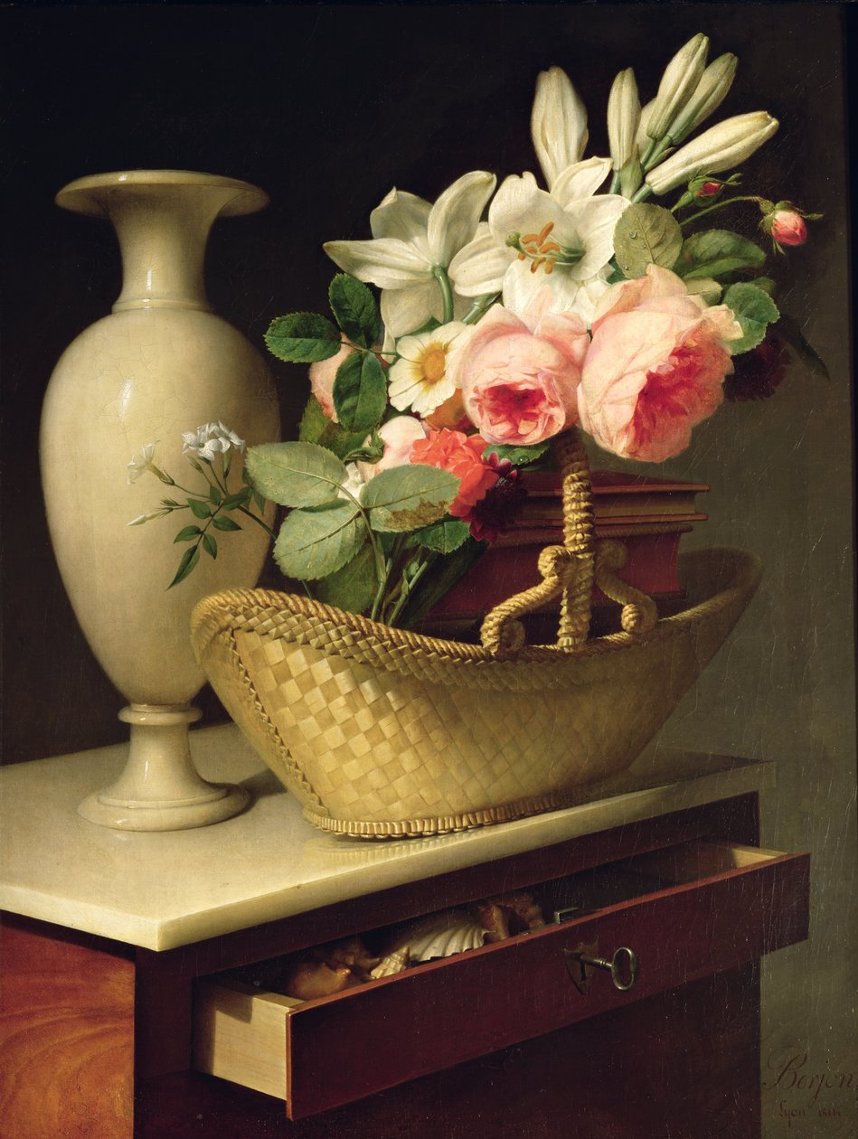 Bukett liljor och rosor i en korg, 1814 av Antoine Berjon