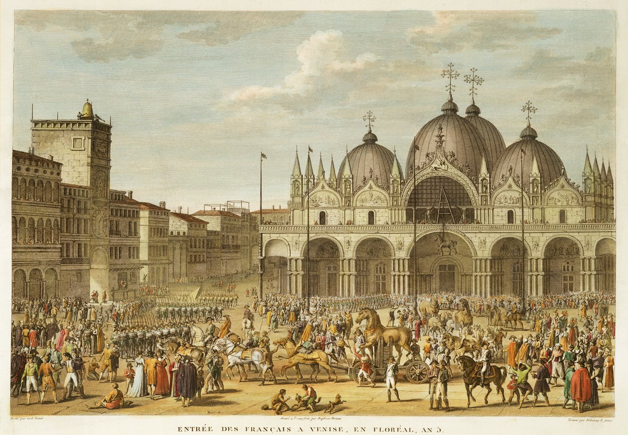 Fransmännens intåg i Venedig och stölden av hästarna i San Marco, i Floreal, år 5 (maj 1797) graverad av Jean Duplessi-Bertaux (1747-1819) (akvatint) av Antoine Charles Horace Vernet