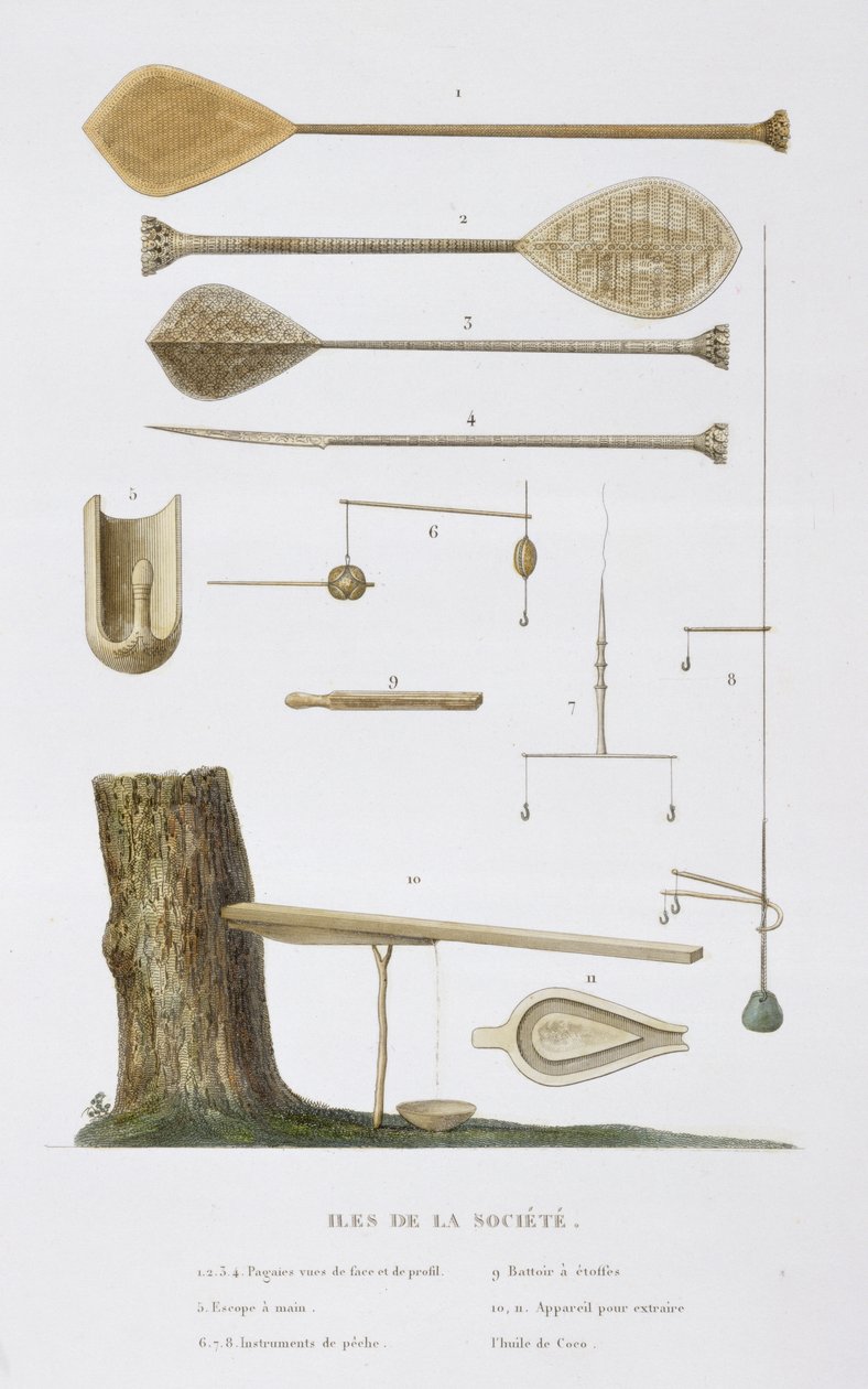 Society Islands: pangas, fiskekrokar och andra verktyg, från "Voyage around the World, utförd på kungens order på Hennes Majestäts Corvette, La Coquille, under åren 1822, 1823, 1824 och 1825" av Antoine Chazal