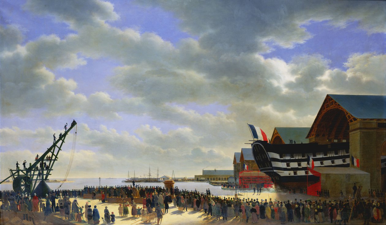 Sjösättningen av "Le Friedland" i Cherbourg, 4 april 1840, ca 1840-54 av Antoine Chazal