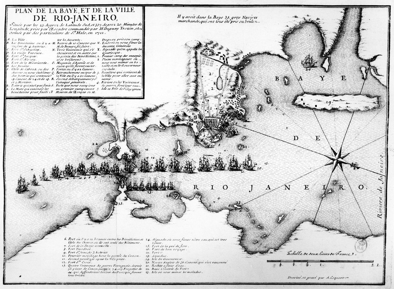 Plan över bukten och staden Rio de Janeiro och dispositionen av de franska och portugisiska flottstyrkorna under den franska attacken under Duguay-Trouin 1711, ca 1730 av Antoine Coquart