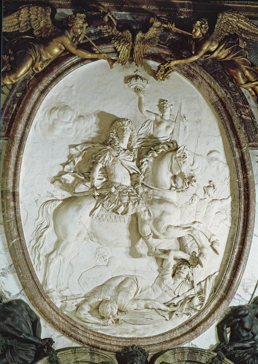 Ryttarporträtt av Ludvig XIV (1638-1715) från Salon de la Guerre, ca 1687 (stuckatur) av Antoine Coysevox
