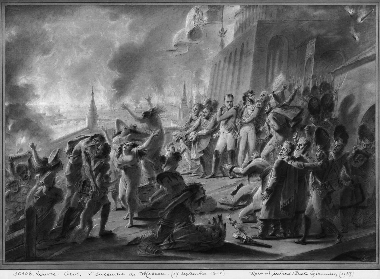 Fire of Moscow i september 1812 (penna och brunt bläck och grå tvätt och gouache-höjdpunkter på papper) av Antoine Jean Gros