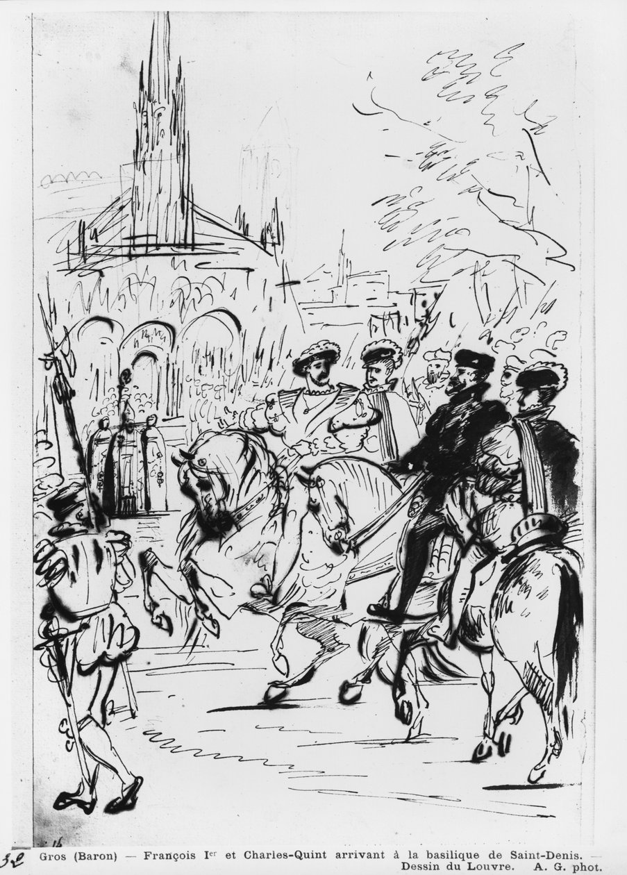 Francis I och Karl V anländer till Abbey Church of Saint-Denis, ca 1811 (penna och brunt bläck och grafit på papper) av Antoine Jean Gros