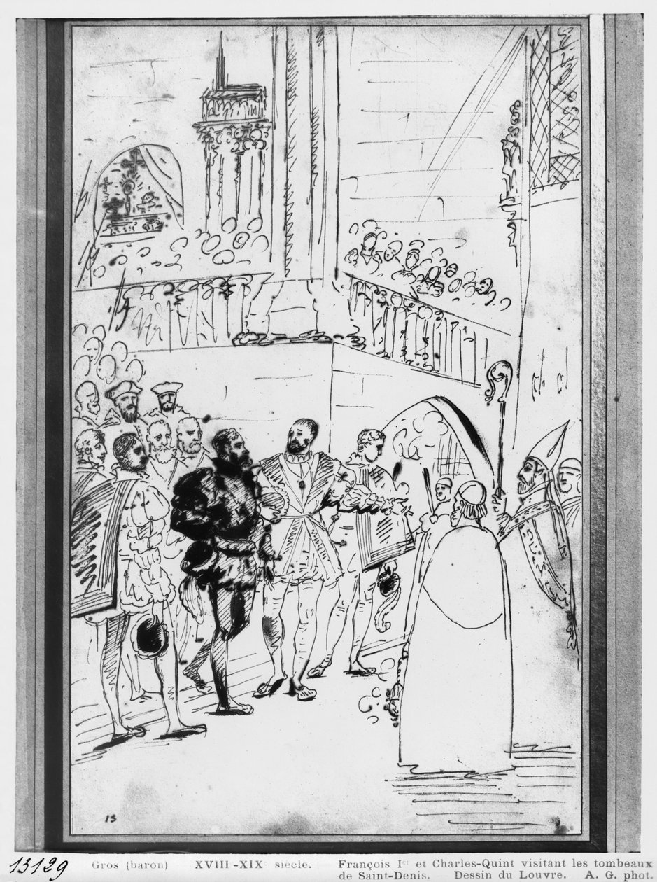 Francis I och Charles V i Abbey Church of Saint-Denis, ca 1811 (penna och brunt bläck och grafit på papper) av Antoine Jean Gros