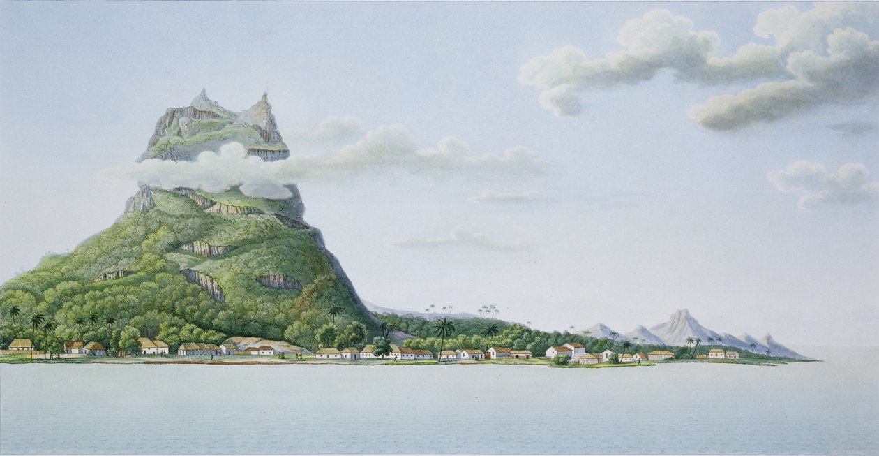 Utsikt över ön Bora Bora, från "Voyage around the World (1817-20)", av Louis Claude Desaulses de Freycinet (1779-1842) graverad av Ambroise Tardieu (1788-1841) publicerad 1822-24 av Antoine Lejeune and Chazal