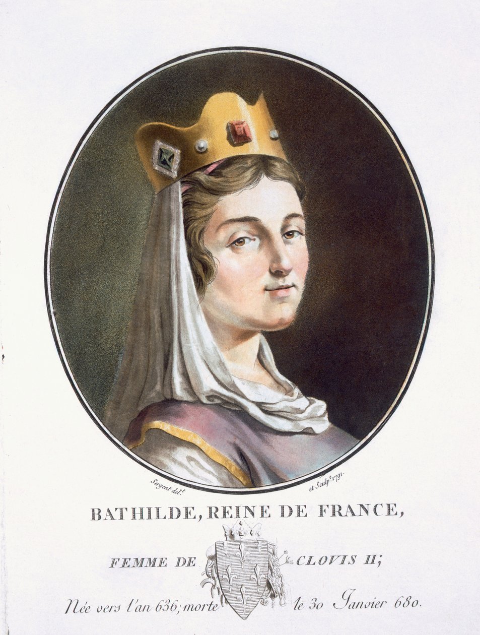 Bathilde, från "Porträtt av stora män, illustra kvinnor och minnesvärda ämnen i Frankrike, graverade och tryckta i färger", utgiven av Pierre Blin, 1786-92, Paris (färgstick) av Antoine Louis Francois Sergent Marceau
