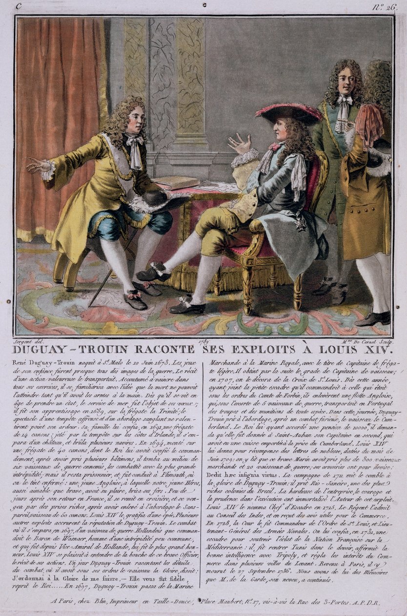 Duguay-Trouin (1673-1736) som berättar om sina marina bedrifter för Ludvig XIV, graverad av Madame de Cernel (1753-1834), 1789 av Antoine Louis Francois Sergent Marceau