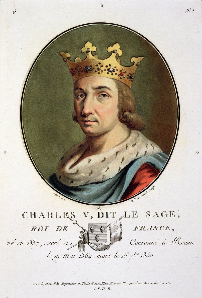 Porträtt av Karl V, kallad den vise kungen av Frankrike (1337-80), graverat av Madame de Cernel, 1789 av Antoine Louis Francois Sergent Marceau