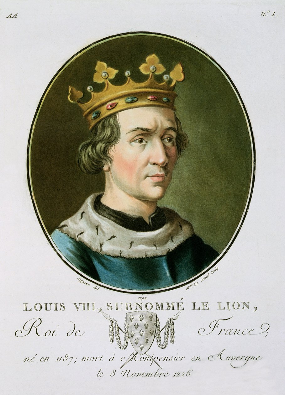 Porträtt av Ludvig VIII, kallad "Le Lion", kung av Frankrike (1187-1226), graverad av Madame de Cernel, 1790 av Antoine Louis Francois Sergent Marceau